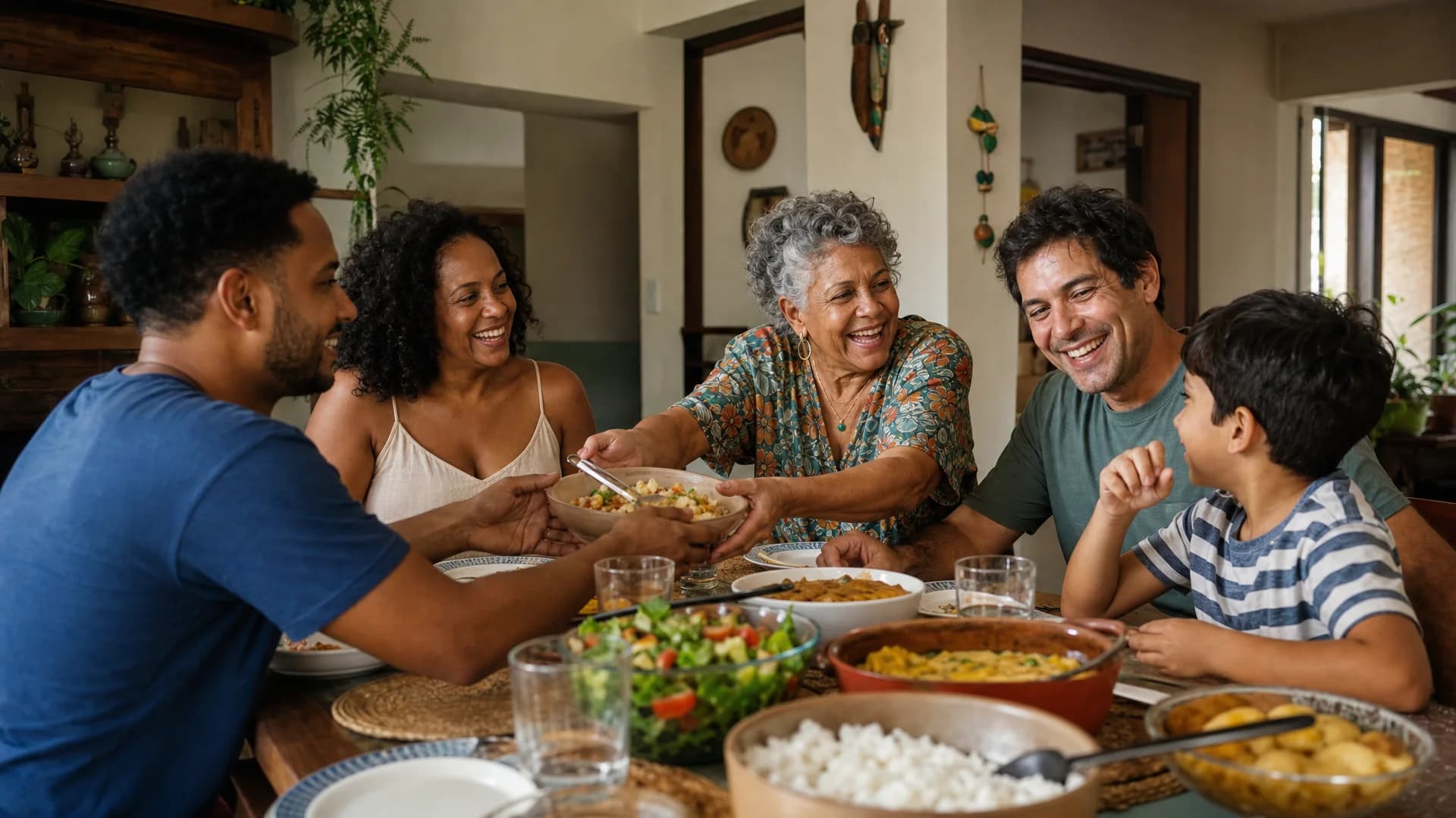 Família de três gerações reunida à mesa do almoço
