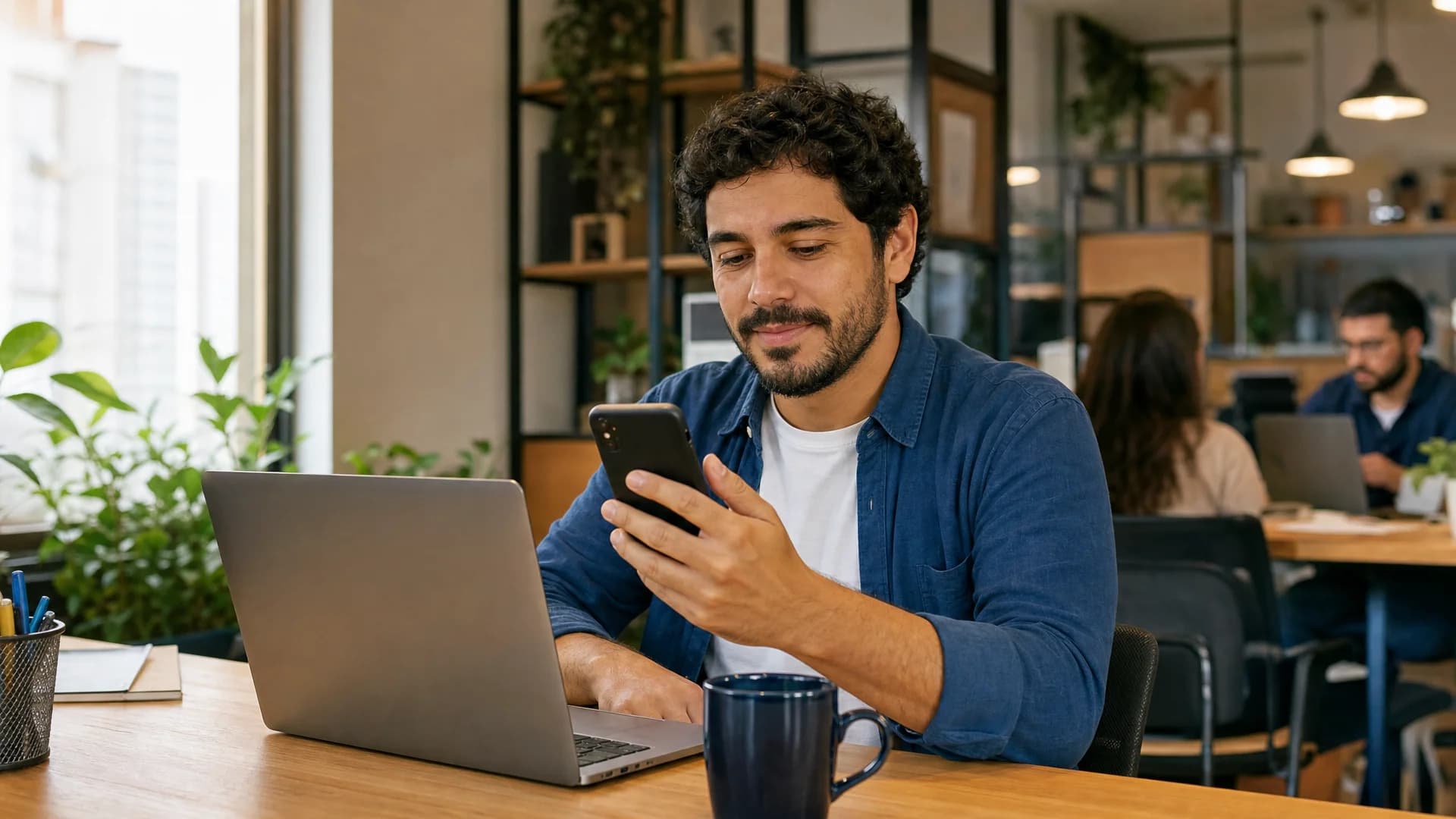 Homem no home office olhando o celular ao lado do notebook
